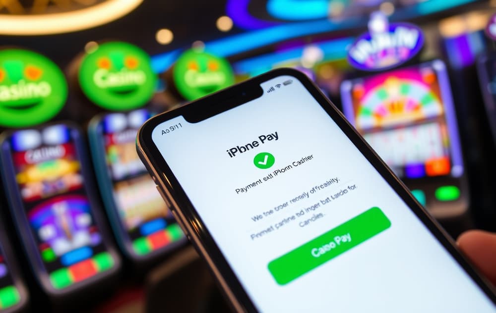 iPhone med Apple Pay-bekreftelse på et nettcasino, grønn hake, bakgrunn med spilleautomater