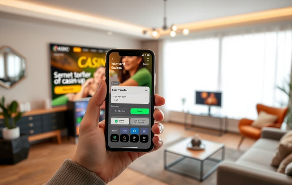 Person som gjør bankoverføring til et casino på PC og mobil.
