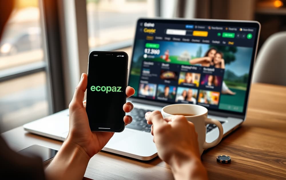 Person som bruker Ecopayz-appen på mobil for å sette inn penger på et casino.