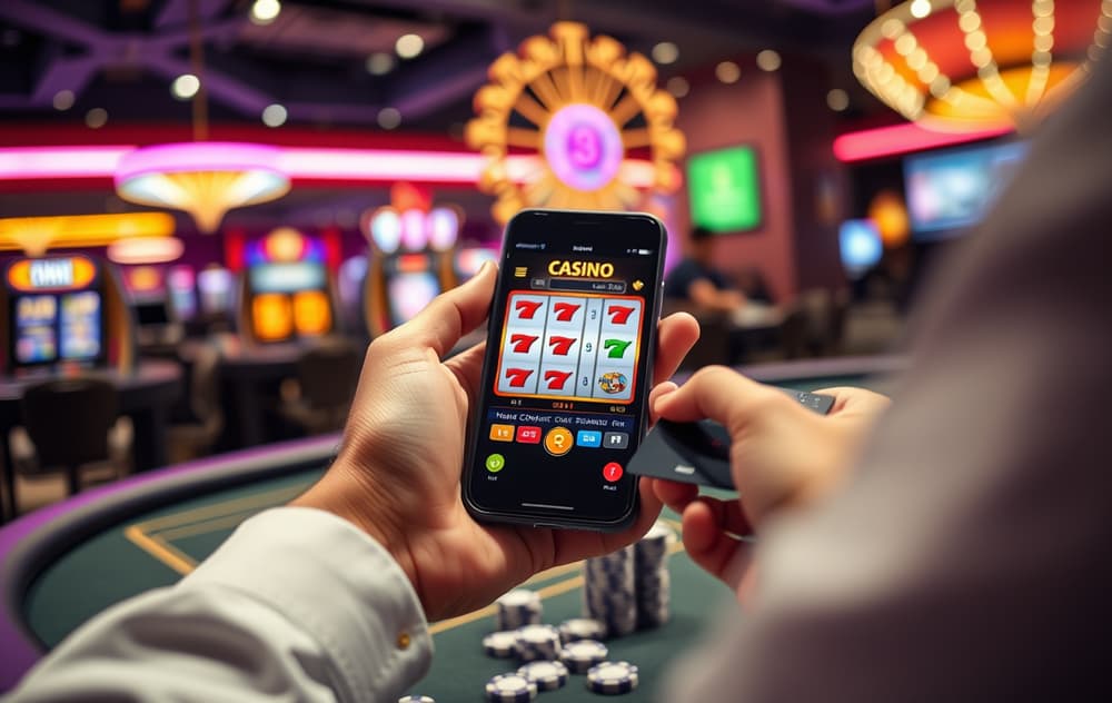 En person holder en mobiltelefon med en bekreftelse på mobilbetaling på et casino.