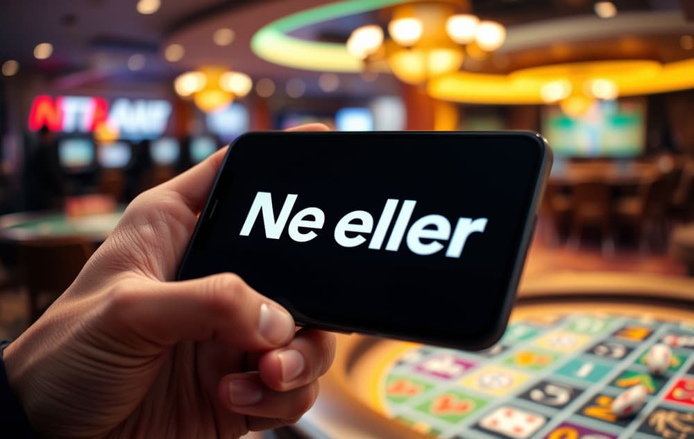 Mobiltelefon med Neteller-logo på skjermen, foran et casino-miljø