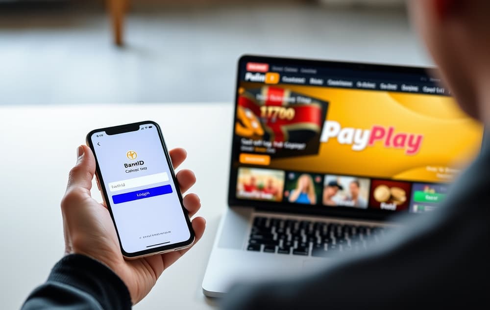 Person som bruker Pay n Play på mobilen for å sette inn på et nettcasino
