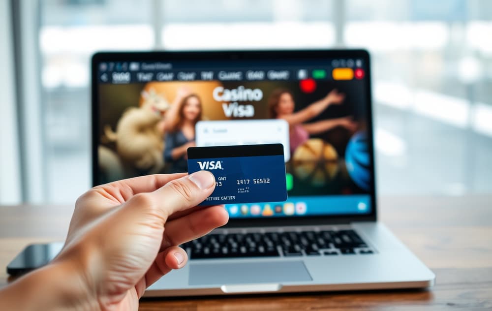 Hånd med Visa-kort foran en mobiltelefon med casino-kasse