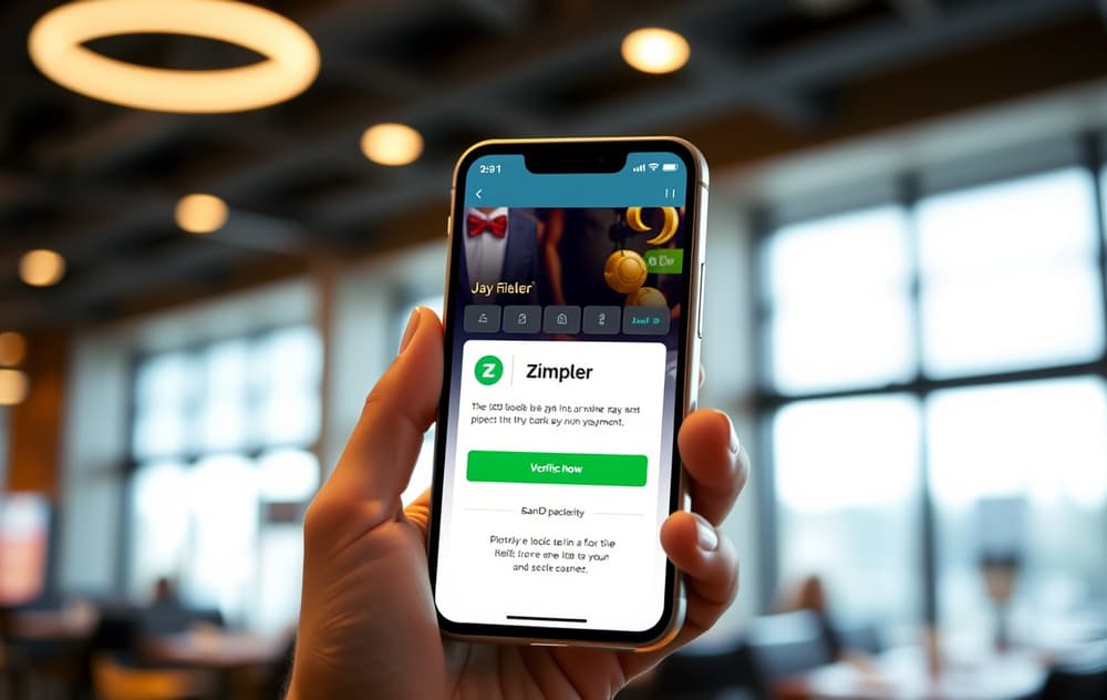 Person som holder en mobiltelefon med Zimpler-betalingsgrensesnitt og BankID-verifisering, i et moderne norsk hjemmemiljø.