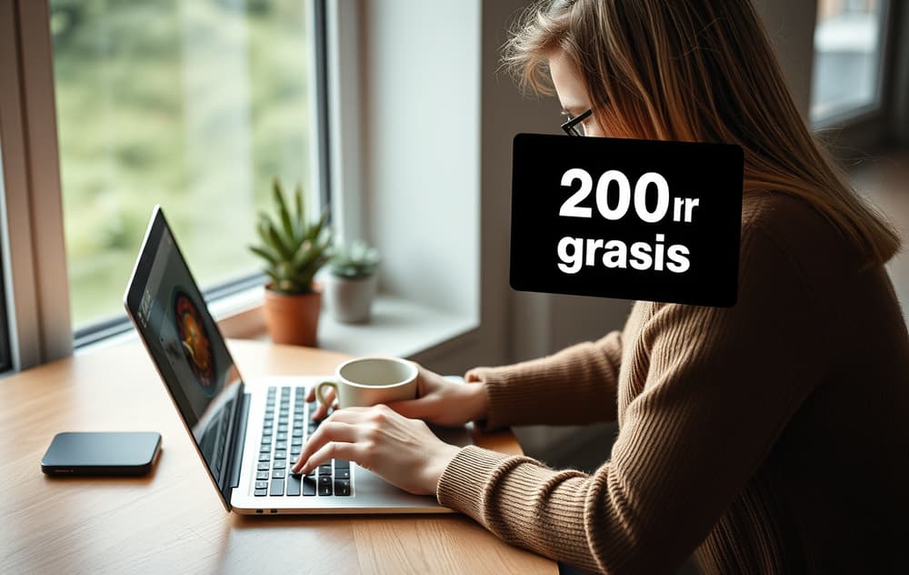 Person foran laptop med kaffekopp og casino-pop-up med 200 kr gratis
