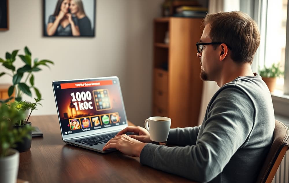 Person som sitter ved skrivebord med laptop og ser på et tilbud om casino bonus uten innskudd, i et norsk hjem.
