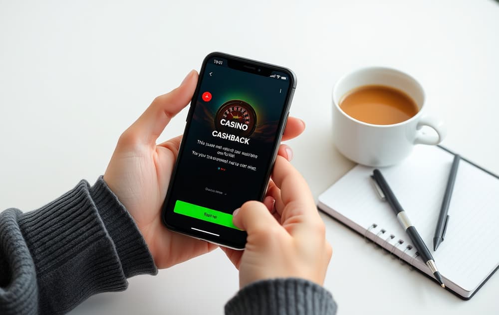 En person holder en mobiltelefon som viser en cashback-melding fra et casino, med kaffekopp og notatblokk på bordet.