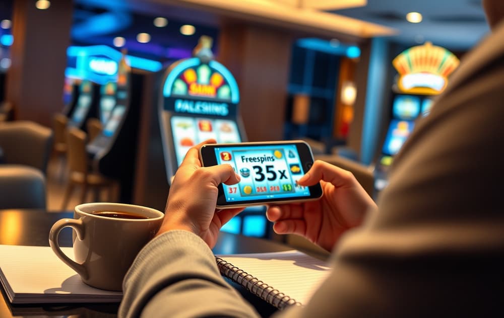 Person spiller freespins på mobil, med kaffekopp og notatblokk