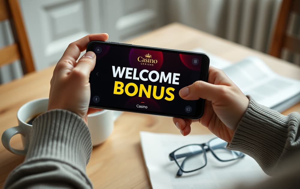 Person som leser vilkår for velkomstbonus på mobiltelefon
