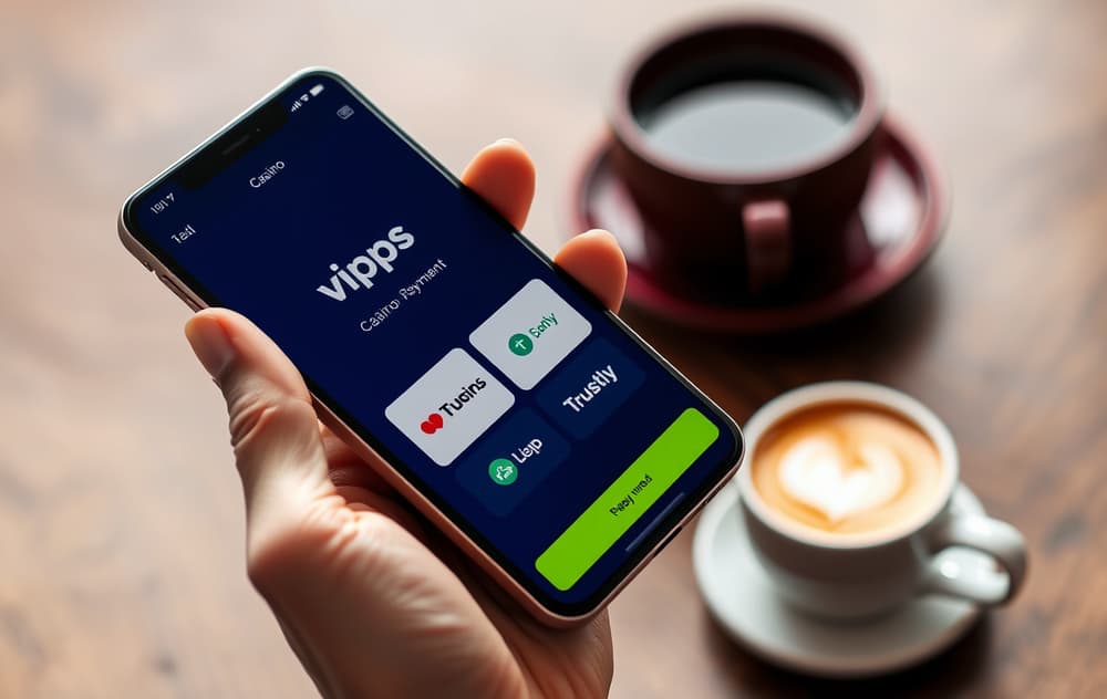Person som holder en mobiltelefon med betalingsmetoder på casino – Vipps og Trustly synlig.