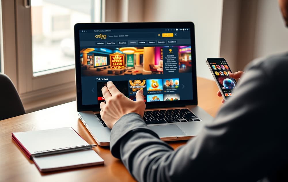 En person som bruker datamaskin og mobil for å vurdere et nettcasino, med notatblokk og kaffekopp.