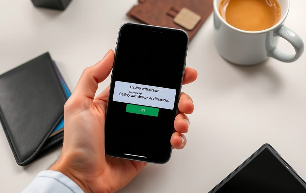 Hånd som holder smarttelefon med bekreftelse på casino uttak, ved siden av kaffekopp og lommebok.
