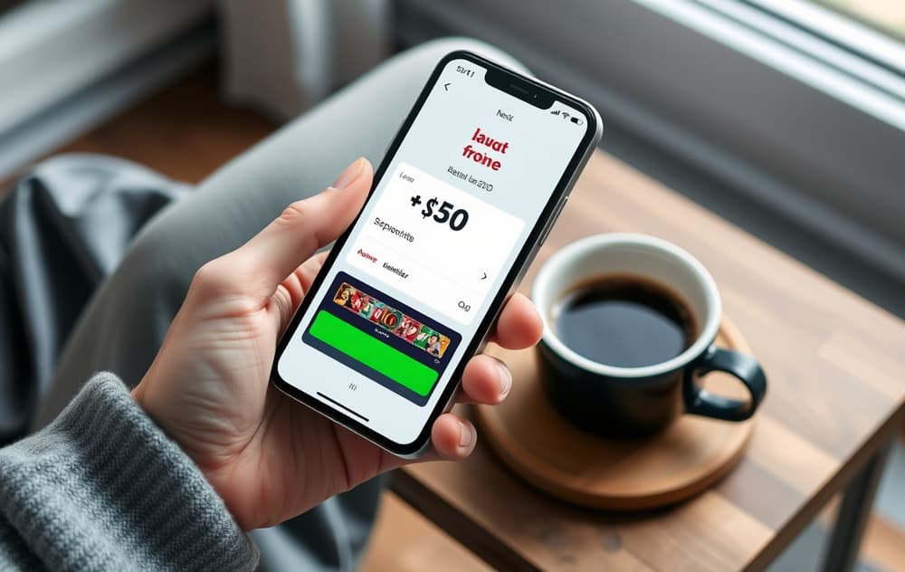 Person med mobiltelefon som viser innskudd på 50 kroner i et nettcasino.