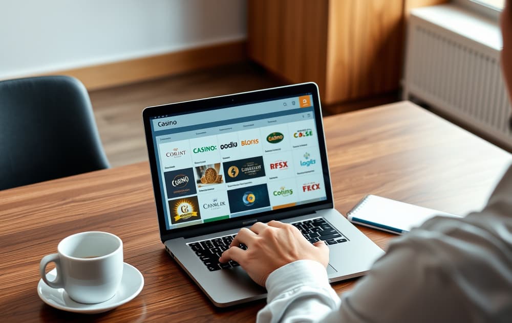 Person som sammenligner nye casinoer på nett ved hjelp av en laptop