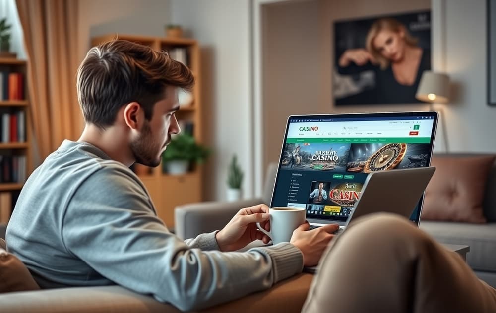 En person sitter i en stue og sammenligner to casinoer på en bærbar PC, med kaffekopp og skeptisk blikk.