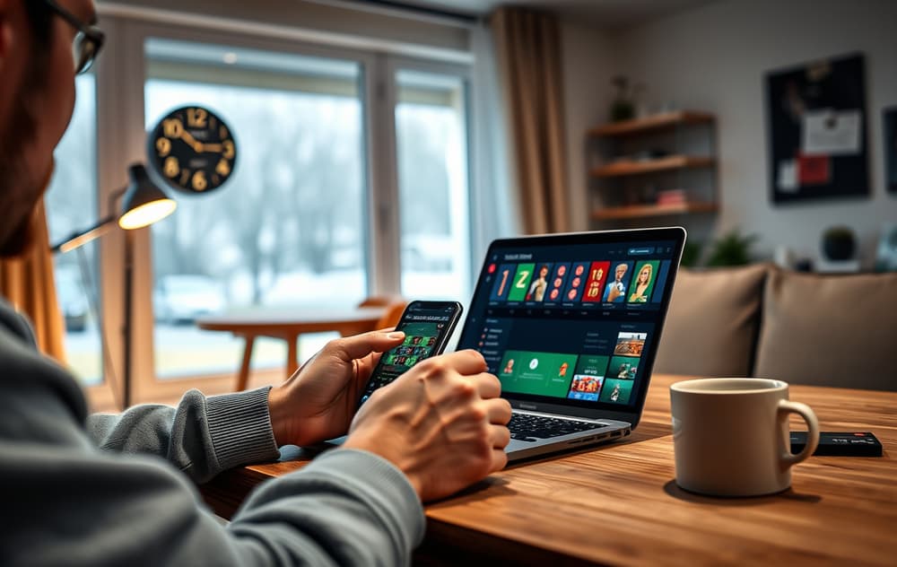 Person som spiller casinospill på nett på laptop og mobil i et norsk hjem
