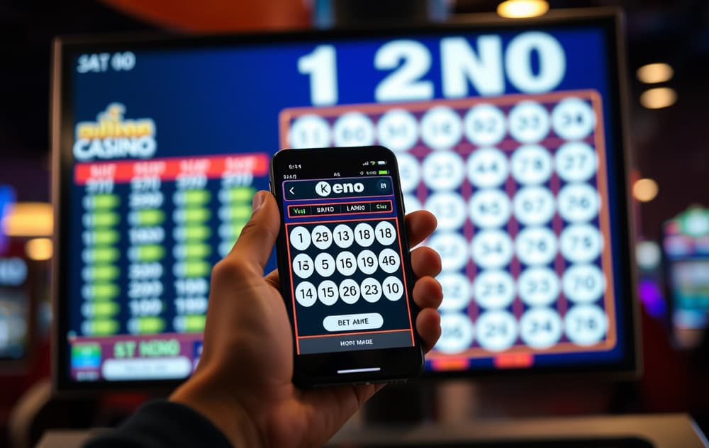 Person som spiller Keno på mobiltelefon i et casino-miljø med talltrekning på skjermen.