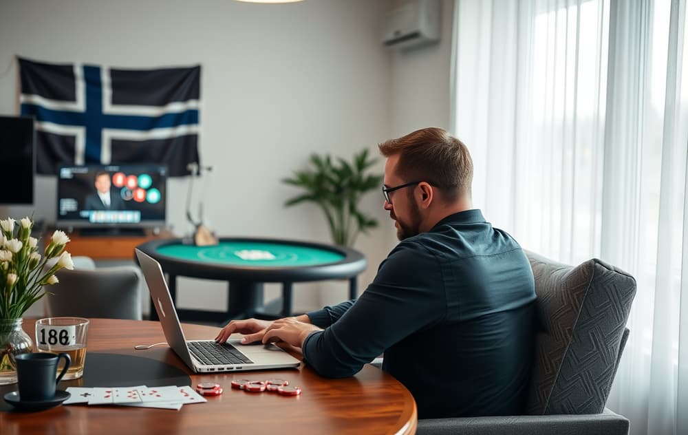Norsk spiller spiller live blackjack hjemme med ekte dealer på skjermen, norsk flagg i bakgrunnen