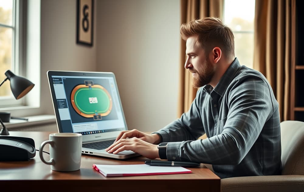 Norsk spiller spiller poker på nett via laptop, med kaffekopp og notatblokk